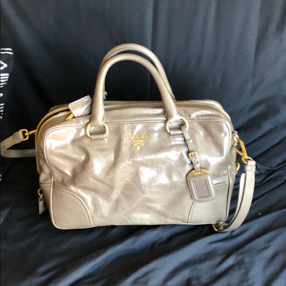 Prada Beige Leather Shine Top Zip Satchel Handbag